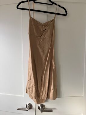 Italian brand Akè Tan Slip Dress Midi Spaghetti Strap Draped Neck Size S NWT